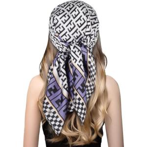 imageEXTREE Fashion Silky Satin Headscarf for Women Girls Exquisite Pattern Lightweight Silk Graceful Scarfs 275 x 275 inchesEt Blue Edge