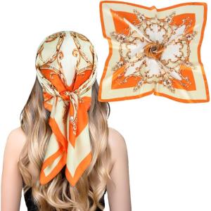 imageEXTREE Fashion Silky Satin Headscarf for Women Girls Exquisite Pattern Lightweight Silk Graceful Scarfs 275 x 275 inchesEuropean Round Orange