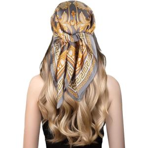 imageEXTREE Fashion Silky Satin Headscarf for Women Girls Exquisite Pattern Lightweight Silk Graceful Scarfs 275 x 275 inchesFlower Vine Gray Background