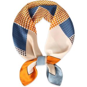imageEXTREE Fashion Silky Satin Headscarf for Women Girls Exquisite Pattern Lightweight Silk Graceful Scarfs 275 x 275 inchesFrame Orange Blue