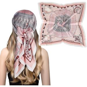 imageEXTREE Fashion Silky Satin Headscarf for Women Girls Exquisite Pattern Lightweight Silk Graceful Scarfs 275 x 275 inchesGeometric Frame Skirt Pink