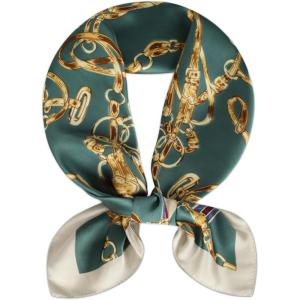 imageEXTREE Fashion Silky Satin Headscarf for Women Girls Exquisite Pattern Lightweight Silk Graceful Scarfs 275 x 275 inchesGold Leather Buckle Dark Green