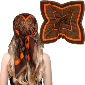 imageEXTREE Fashion Silky Satin Headscarf for Women Girls Exquisite Pattern Lightweight Silk Graceful Scarfs 275 x 275 inchesHuizi Pattern Coffee