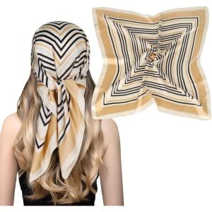imageEXTREE Fashion Silky Satin Headscarf for Women Girls Exquisite Pattern Lightweight Silk Graceful Scarfs 275 x 275 inchesKhaki Back Stripes