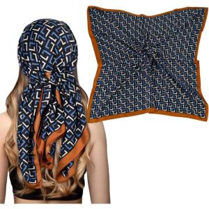 imageEXTREE Fashion Silky Satin Headscarf for Women Girls Exquisite Pattern Lightweight Silk Graceful Scarfs 275 x 275 inchesL Shaped Blue