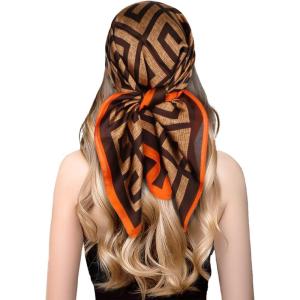 imageEXTREE Fashion Silky Satin Headscarf for Women Girls Exquisite Pattern Lightweight Silk Graceful Scarfs 275 x 275 inchesLarge Orange Frame
