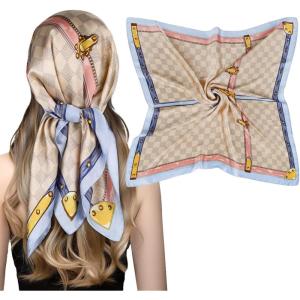 imageEXTREE Fashion Silky Satin Headscarf for Women Girls Exquisite Pattern Lightweight Silk Graceful Scarfs 275 x 275 inchesLattice Gold Cabinet Powder