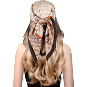 imageEXTREE Fashion Silky Satin Headscarf for Women Girls Exquisite Pattern Lightweight Silk Graceful Scarfs 275 x 275 inchesLeather Snap Beige