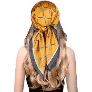 imageEXTREE Fashion Silky Satin Headscarf for Women Girls Exquisite Pattern Lightweight Silk Graceful Scarfs 275 x 275 inchesLock Horse Plaid Turmeric