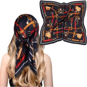 imageEXTREE Fashion Silky Satin Headscarf for Women Girls Exquisite Pattern Lightweight Silk Graceful Scarfs 275 x 275 inchesNavy Blue Belt