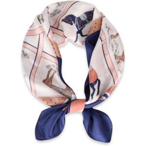 imageEXTREE Fashion Silky Satin Headscarf for Women Girls Exquisite Pattern Lightweight Silk Graceful Scarfs 275 x 275 inchesNavy Blue Pony Puzzle