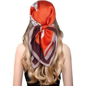 imageEXTREE Fashion Silky Satin Headscarf for Women Girls Exquisite Pattern Lightweight Silk Graceful Scarfs 275 x 275 inchesOrange Coffee Moon
