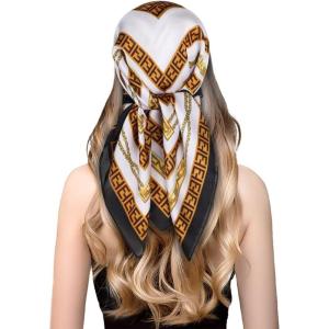 imageEXTREE Fashion Silky Satin Headscarf for Women Girls Exquisite Pattern Lightweight Silk Graceful Scarfs 275 x 275 inchesPearl Yellow