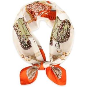 imageEXTREE Fashion Silky Satin Headscarf for Women Girls Exquisite Pattern Lightweight Silk Graceful Scarfs 275 x 275 inchesSaddle Leather Buckle Orange