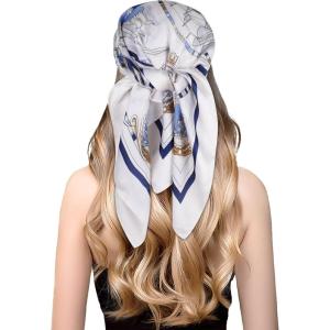 imageEXTREE Fashion Silky Satin Headscarf for Women Girls Exquisite Pattern Lightweight Silk Graceful Scarfs 275 x 275 inchesSailing Navy