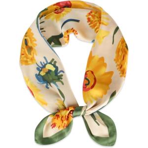imageEXTREE Fashion Silky Satin Headscarf for Women Girls Exquisite Pattern Lightweight Silk Graceful Scarfs 275 x 275 inchesSunflower Green Edge