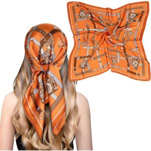 imageEXTREE Fashion Silky Satin Headscarf for Women Girls Exquisite Pattern Lightweight Silk Graceful Scarfs 275 x 275 inchesToken Leather Buckle Orange Bottom
