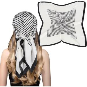 imageEXTREE Fashion Silky Satin Headscarf for Women Girls Exquisite Pattern Lightweight Silk Graceful Scarfs 275 x 275 inchesWide Stripes White