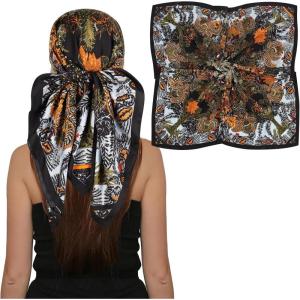 imageEXTREE Luxury Satin Head Scarf 35x35  Silklike Wrap for Women Versatile ShawlSun CoverWrapping Premium Gift for HerBlack Jungle Bush