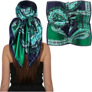 imageEXTREE Luxury Satin Head Scarf 35x35  Silklike Wrap for Women Versatile ShawlSun CoverWrapping Premium Gift for HerBohemian Retro Green