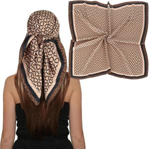 imageEXTREE Luxury Satin Head Scarf 35x35  Silklike Wrap for Women Versatile ShawlSun CoverWrapping Premium Gift for HerBrown Circle Pattern