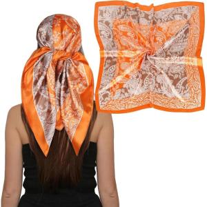 imageEXTREE Luxury Satin Head Scarf 35x35  Silklike Wrap for Women Versatile ShawlSun CoverWrapping Premium Gift for HerKhaki and Orange Forest