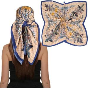 imageEXTREE Luxury Satin Head Scarf 35x35  Silklike Wrap for Women Versatile ShawlSun CoverWrapping Premium Gift for HerLetter Zou Ju  Khaki Blue Edge