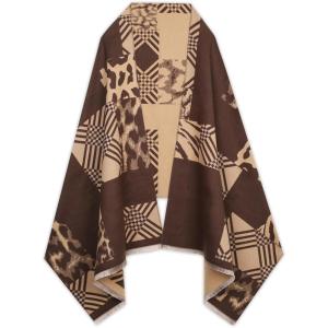 imageEXTREE Scarfs for Women Pashmina Silky Shawl Wrap for Evening Dressing Blanket Open Front Poncho CapePlaid Patchwork Leopard Brown