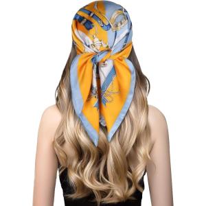 imageEXTREE Silk Feeling Scarf Medium Square Satin Head Scarf Sleeping Hair Wrapping for Women 275  275 inchesBadge Blue Border