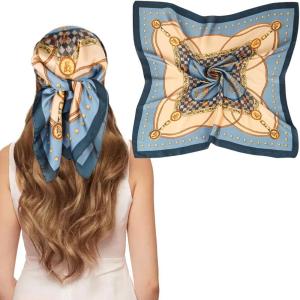 imageEXTREE Silk Feeling Scarf Medium Square Satin Head Scarf Sleeping Hair Wrapping for Women 275  275 inchesCamel Iron Chain Blue