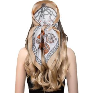 imageEXTREE Silk Feeling Scarf Medium Square Satin Head Scarf Sleeping Hair Wrapping for Women 275  275 inchesKhaki Lace