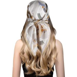imageEXTREE Silk Feeling Scarf Medium Square Satin Head Scarf Sleeping Hair Wrapping for Women 275  275 inchesKnight Coffee Side