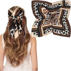 imageEXTREE Silk Feeling Scarf Medium Square Satin Head Scarf Sleeping Hair Wrapping for Women 275  275 inchesLeopard Print Black Coffee Color