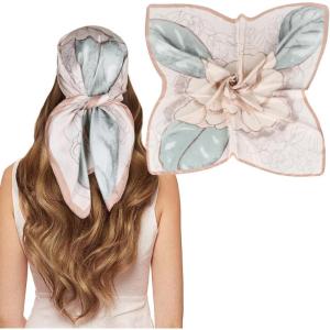 imageEXTREE Silk Feeling Scarf Medium Square Satin Head Scarf Sleeping Hair Wrapping for Women 275  275 inchesLine Drawing Peony Light Pink