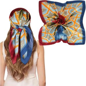 imageEXTREE Silk Feeling Scarf Medium Square Satin Head Scarf Sleeping Hair Wrapping for Women 275  275 inchesOil Painting Dandelion