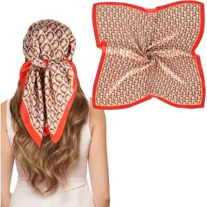 imageEXTREE Silk Feeling Scarf Medium Square Satin Head Scarf Sleeping Hair Wrapping for Women 275  275 inchesOrange Semicircle Pattern