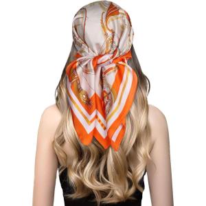 imageEXTREE Silk Feeling Scarf Medium Square Satin Head Scarf Sleeping Hair Wrapping for Women 275  275 inchesOrange and White Wheels