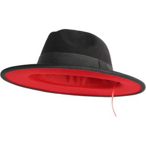 imageEXTREE Wide Brim Wool Felt Fedora Hat for Men and Women with Belt Buckle TwoTone StitchingBlackred
