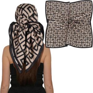 imageEXTREE Womens 35 inch Fashion Headscarf Silk Satin Scarf for Hair Wrapping at Night Bandana Square Scarf for SleepingBeige Black Pattern