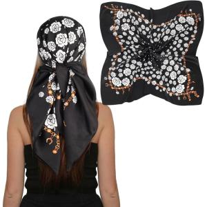 imageEXTREE Womens 35 inch Fashion Headscarf Silk Satin Scarf for Hair Wrapping at Night Bandana Square Scarf for SleepingBlack Camellia