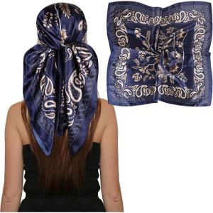 imageEXTREE Womens 35 inch Fashion Headscarf Silk Satin Scarf for Hair Wrapping at Night Bandana Square Scarf for SleepingBohemian Cashew Dark Navy