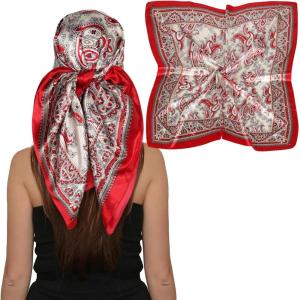 imageEXTREE Womens 35 inch Fashion Headscarf Silk Satin Scarf for Hair Wrapping at Night Bandana Square Scarf for SleepingCashew Flower Red