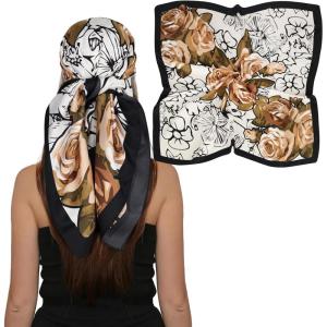 imageEXTREE Womens 35 inch Fashion Headscarf Silk Satin Scarf for Hair Wrapping at Night Bandana Square Scarf for SleepingChampagne Peony