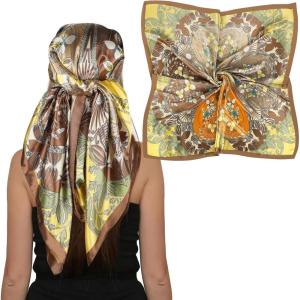 imageEXTREE Womens 35 inch Fashion Headscarf Silk Satin Scarf for Hair Wrapping at Night Bandana Square Scarf for SleepingHeartshaped Floral Orange