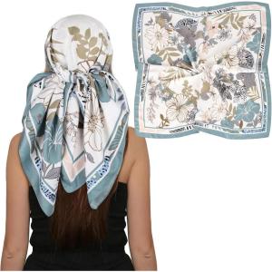 imageEXTREE Womens 35 inch Fashion Headscarf Silk Satin Scarf for Hair Wrapping at Night Bandana Square Scarf for SleepingHundred Flowers Light Blue Twill