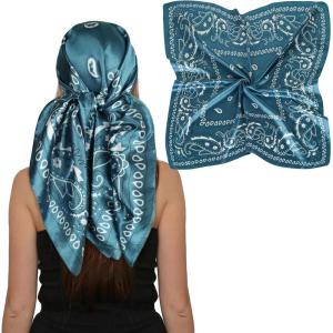 imageEXTREE Womens 35 inch Fashion Headscarf Silk Satin Scarf for Hair Wrapping at Night Bandana Square Scarf for SleepingLake Blue