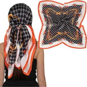 imageEXTREE Womens 35 inch Fashion Headscarf Silk Satin Scarf for Hair Wrapping at Night Bandana Square Scarf for SleepingLeather Buckle Horse Racing Orange Edge