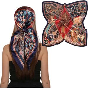 imageEXTREE Womens 35 inch Fashion Headscarf Silk Satin Scarf for Hair Wrapping at Night Bandana Square Scarf for SleepingLucky Tree Blue
