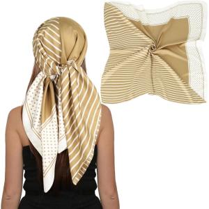 imageEXTREE Womens 35 inch Fashion Headscarf Silk Satin Scarf for Hair Wrapping at Night Bandana Square Scarf for SleepingMikhaki Stripes