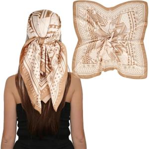 imageEXTREE Womens 35 inch Fashion Headscarf Silk Satin Scarf for Hair Wrapping at Night Bandana Square Scarf for SleepingMilk Yellow Rice